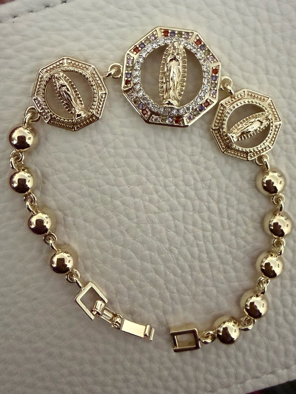 Gold-Filled Virgin Mary Octagon Bead Bracelet with Pave